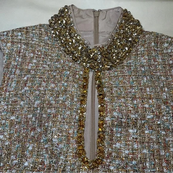 Self-Portrait- Gold Tinsel Boucle Embellished Mini Dress Size US 6 Cocktail - Picture 4 of 10